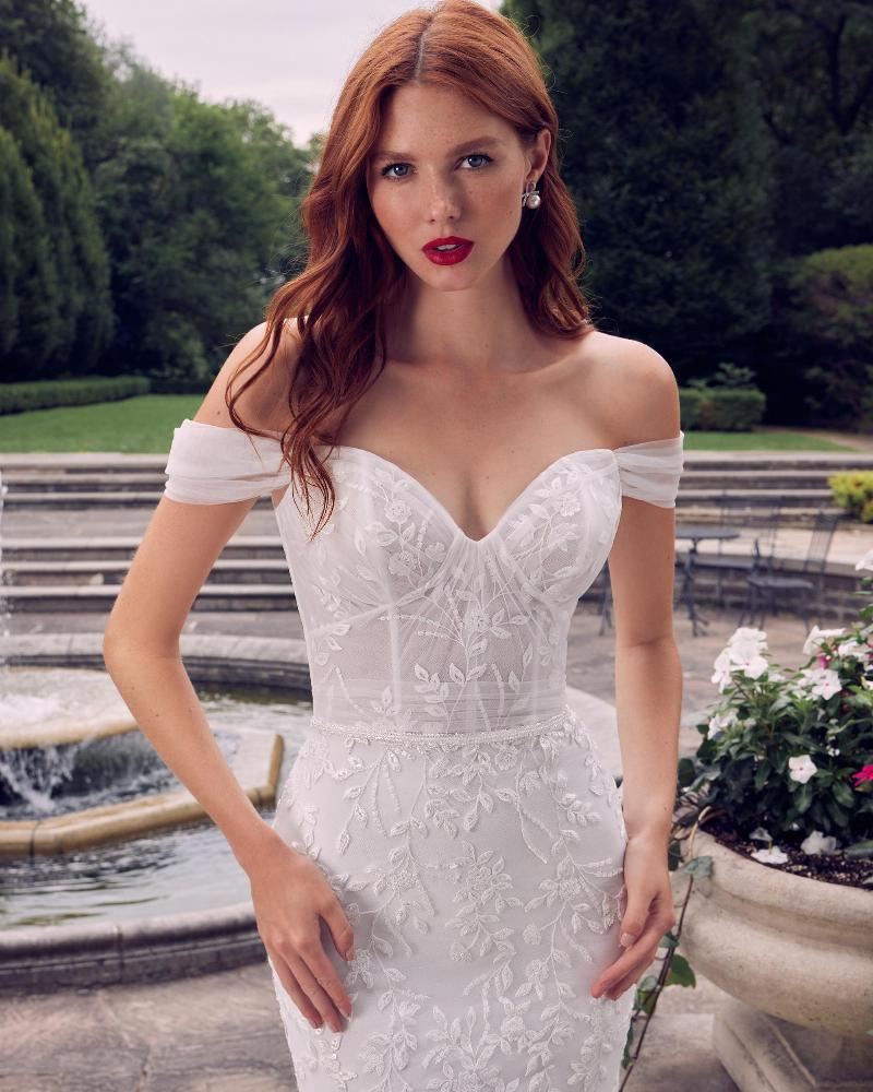 La22102 simple off the shoulder wedding dress with lace and sheath silhouette3
